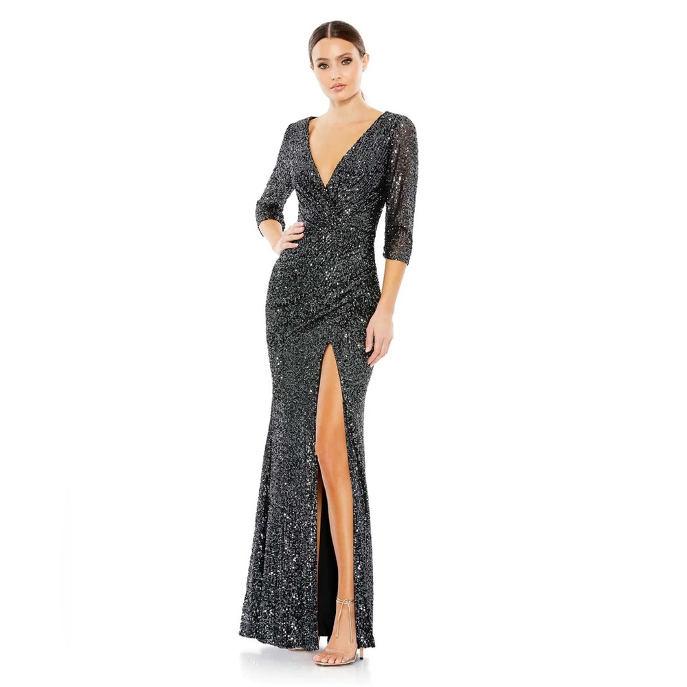 MAC DUGGAL NWT SEQUINED DRAPED 3/4 SLEEVE GOWN in Graphite $398 Style #42015
